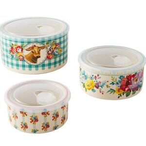Pioneer Woman Sweet Romance Cow 6PC Round Ceramic Bake Storage Nesting Bowls Set